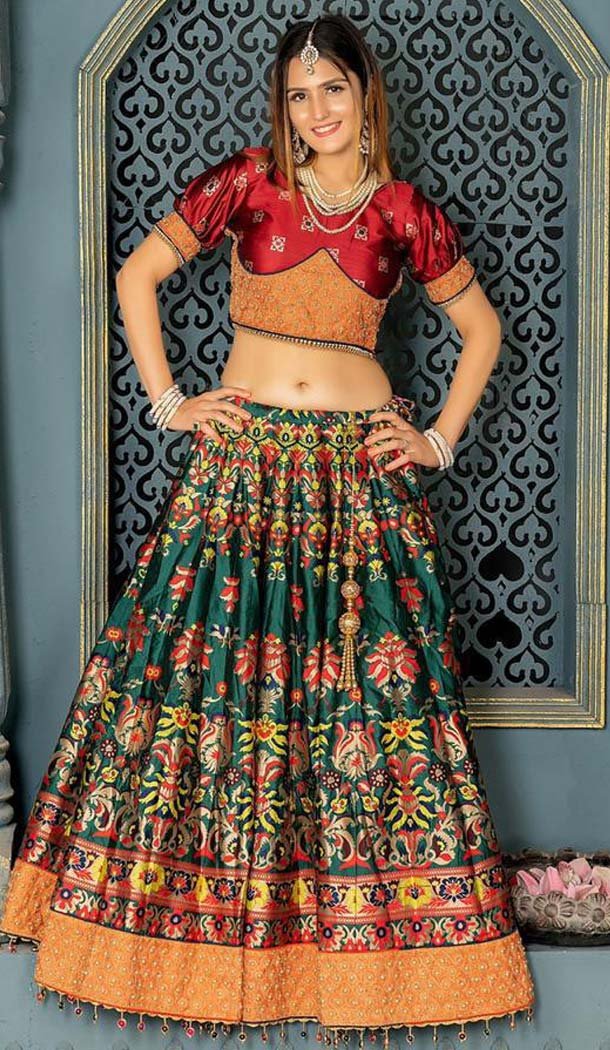 Green Maroon Color Banarasi Silk Designer Fancy Lehenga Choli -456264904