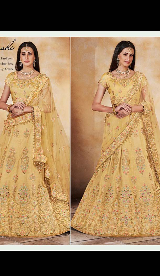 Yellow Color Handloom Silk Designer Bridal Wear Lehenga Choli -633478938