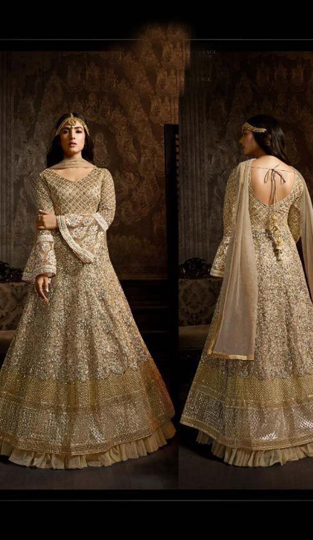 Beige Color Net Designer Style Wedding Wear Salwar Kameez -637679774