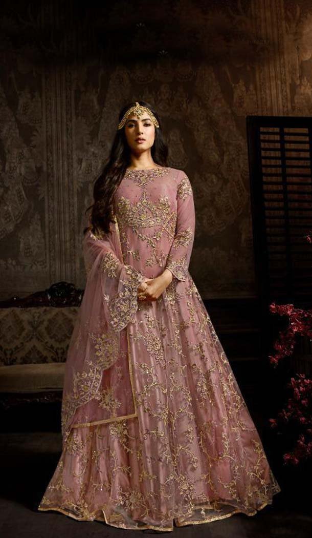 Old Rose Color Net Designer Style Wedding Wear Salwar Kameez