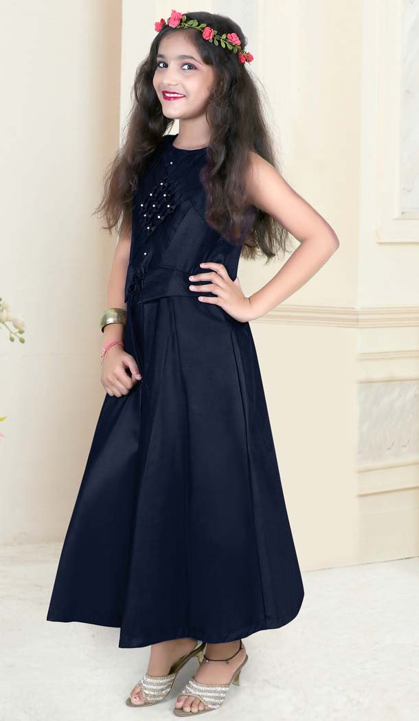 Navy Blue Color Taffeta Satin Party Readymade kid Girl Gown -638179821