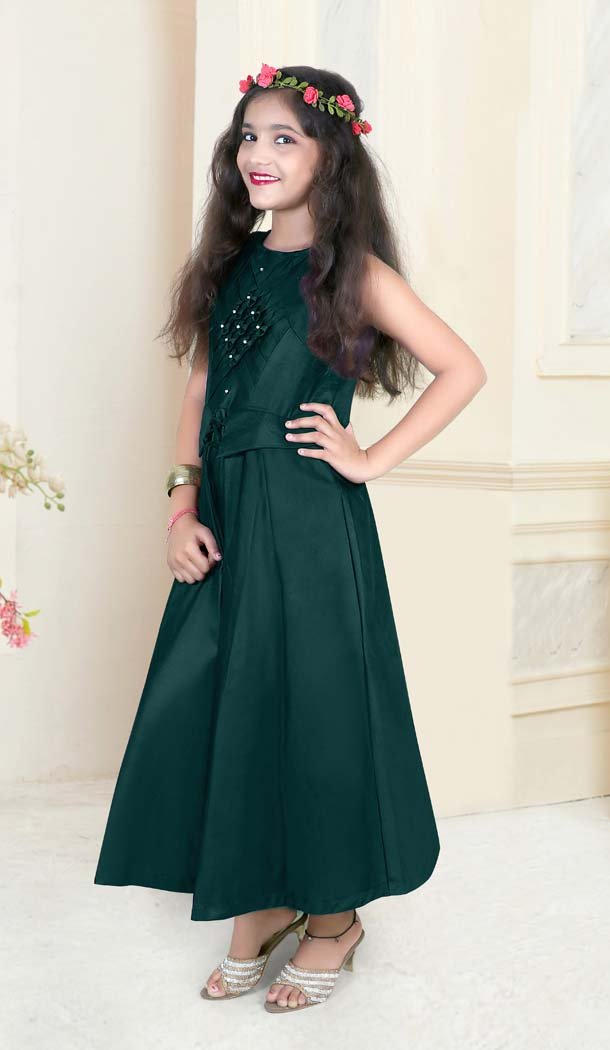 Green Color Taffeta Satin Party Readymade kid Girl Gown -638179823