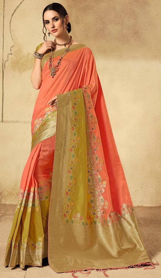 Peach Color Banarasi Silk Designer Wear Wedding Saree -639279928