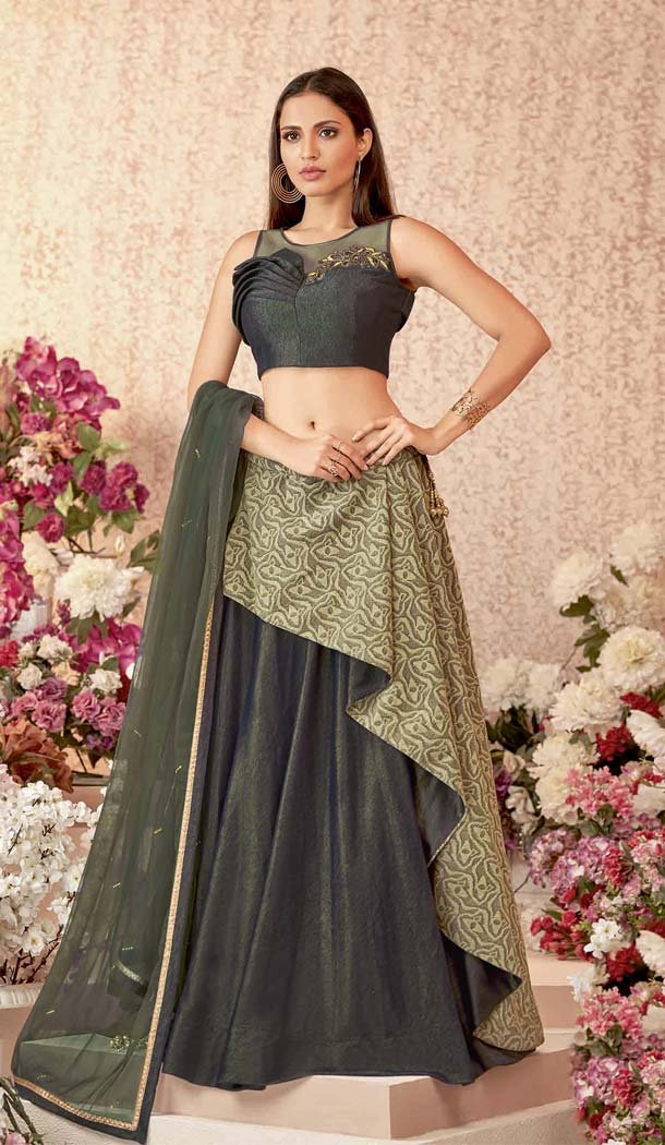 Olive Green Color Fancy Velvet Designer Fancy Lehenga Choli -640880104