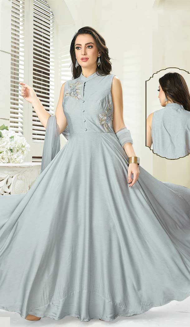 Grey Color Silk Designer Readymade Salwar Kameez -641280142