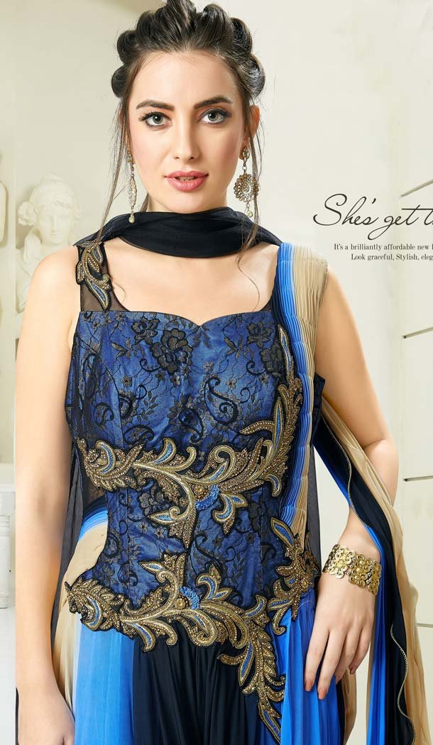 Blue Black Color Net Chanderi Designer Readymade Salwar Kameez -641380169