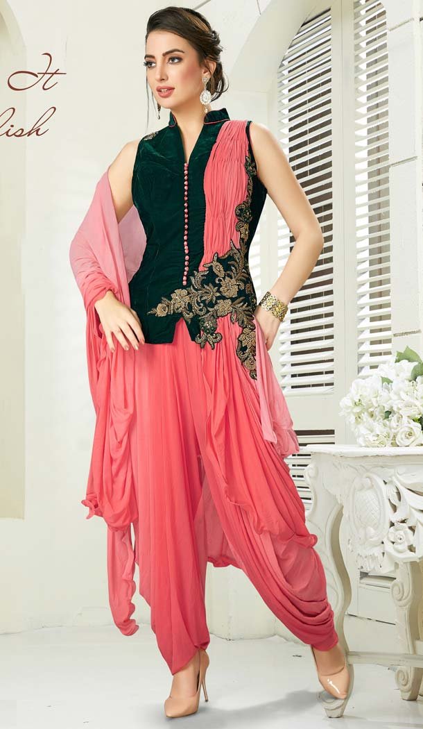 Dark Green Pink Color Velvet Designer Readymade Salwar Kameez -641380178
