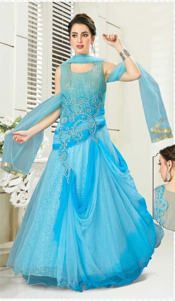 Light Blue Color Net Designer Readymade Salwar Kameez -641380190