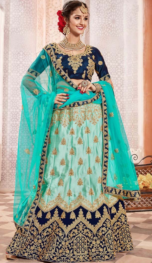 Aqua Green Color Satin Silk Designer Plus Size Lehenga Choli -644980603