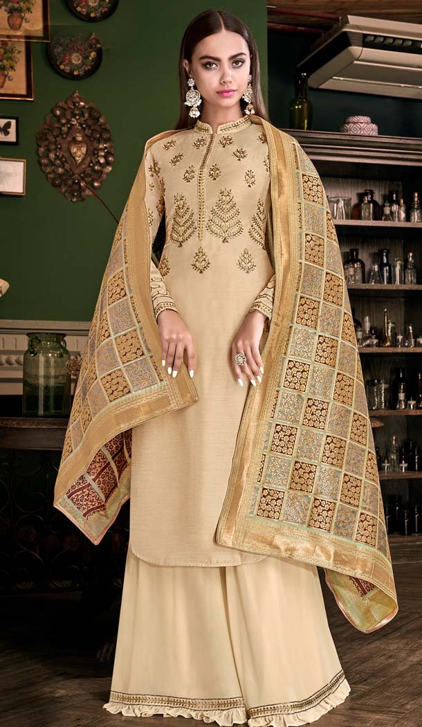 Beige Color Tusser Satin Party Wear Sharara Salwar Suit -643180396