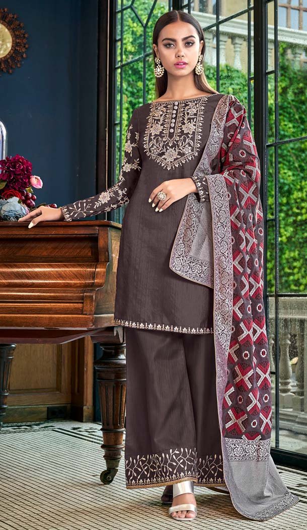 Brown Color Satin Slub Party Wear Sharara Salwar Suit -643180397