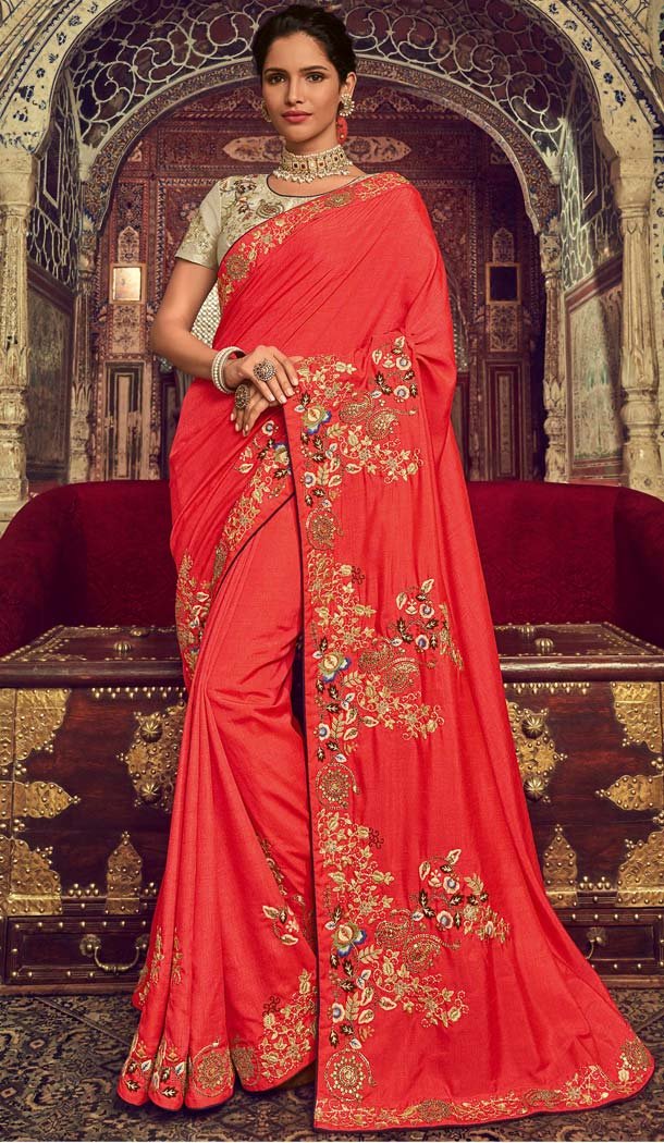 Coral Color Georgette Silk Designer Traditional Wear Saree -643980475