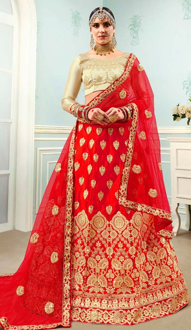 Red Color Satin Silk Traditional Party Wear Lehenga Choli -645580650