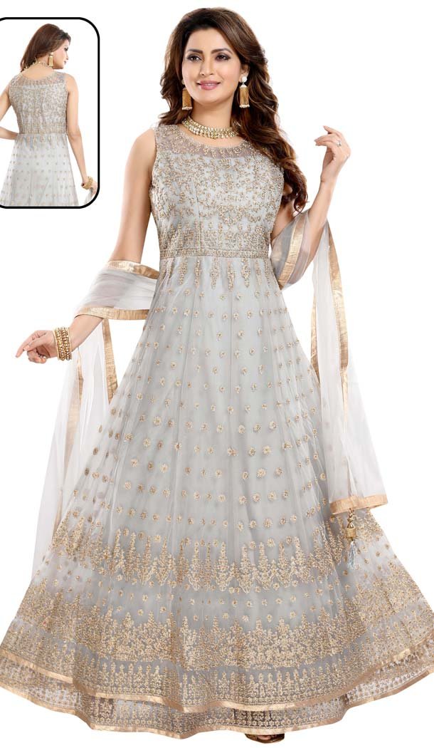 Grey Color Net With Butter Crape Readymade Anarkali Dress -647080780