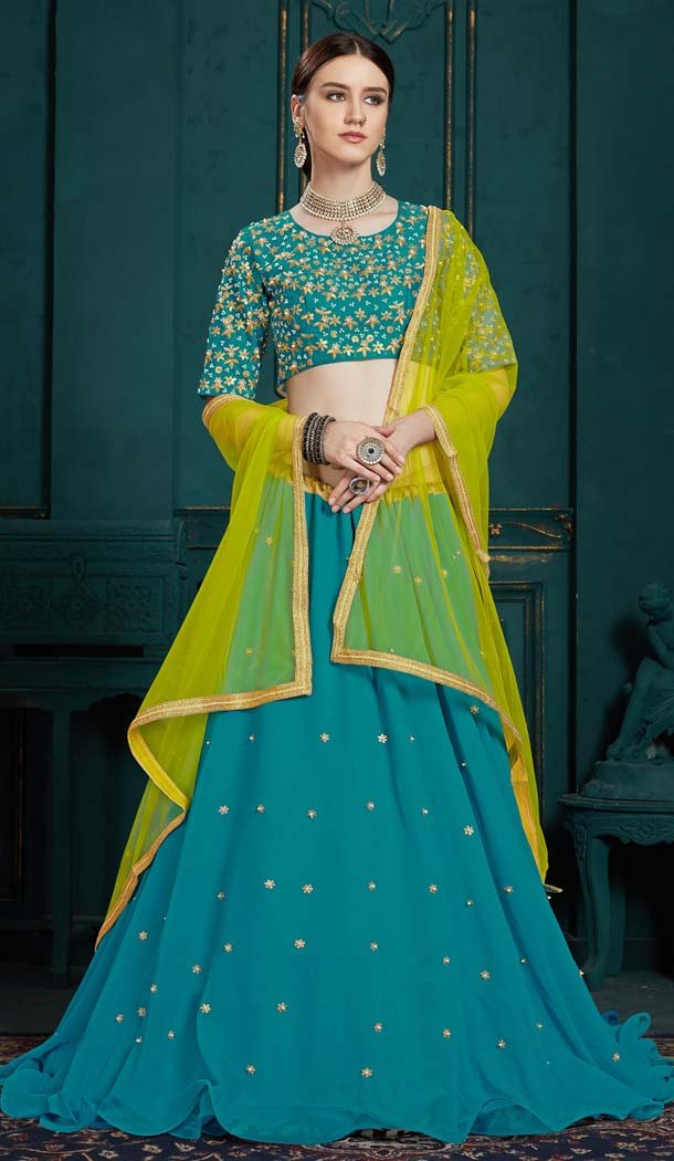 Sea Green Color Georgette Party Wear Lehenga Choli Heena Style Sea Green Color Georgette Party Wear