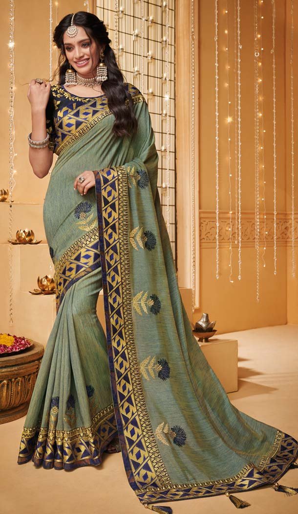 Pista Color Silk Designer Party Wear Saree Blouse -644780581