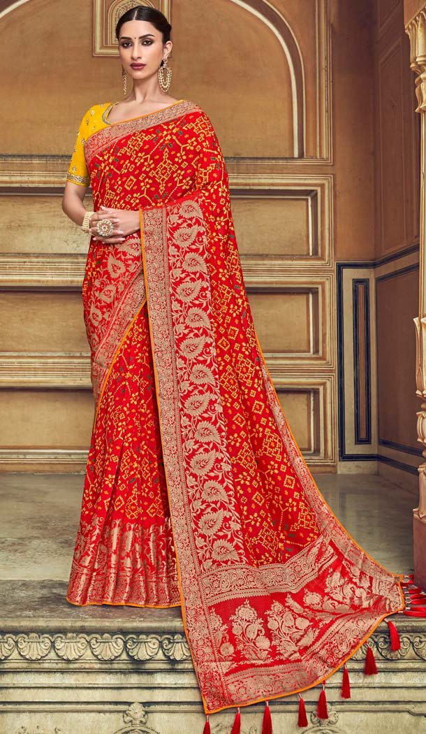 Red Color Fancy Rajesthani Bandhani Style Saree Blouse -645180616