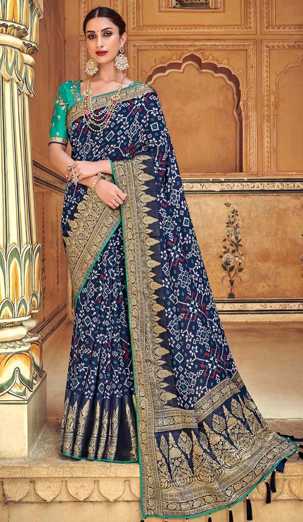 Blue Color Fancy Rajesthani Bandhani Style Saree Blouse -645180623