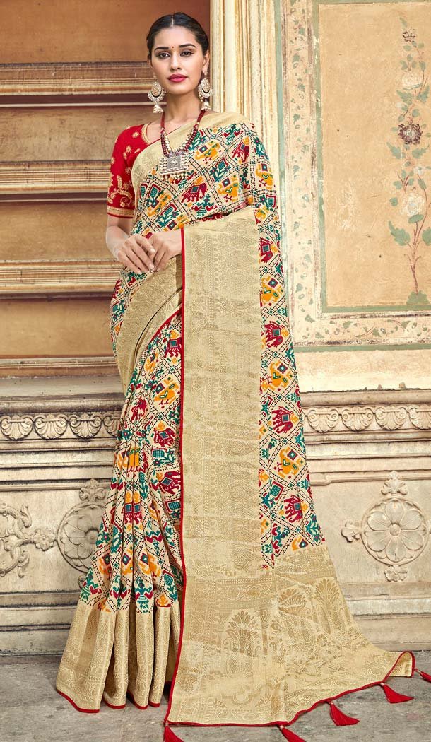 Beige Color Fancy Rajesthani Bandhani Style Saree Blouse -645180624