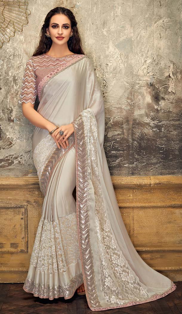 Adorable Grey Color Lycra Fancy Net Designer Party Wear Saree -648080950