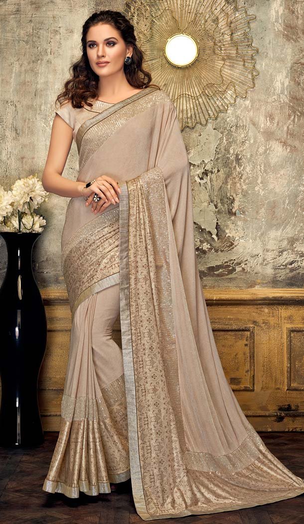 Mesmerizing Beige Color Lycra Designer Party Wear Saree -648080954