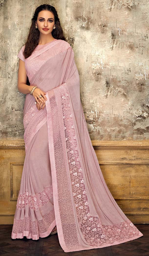 Pink Color Lycra Fancy Net Designer Party Wear Saree -648080959
