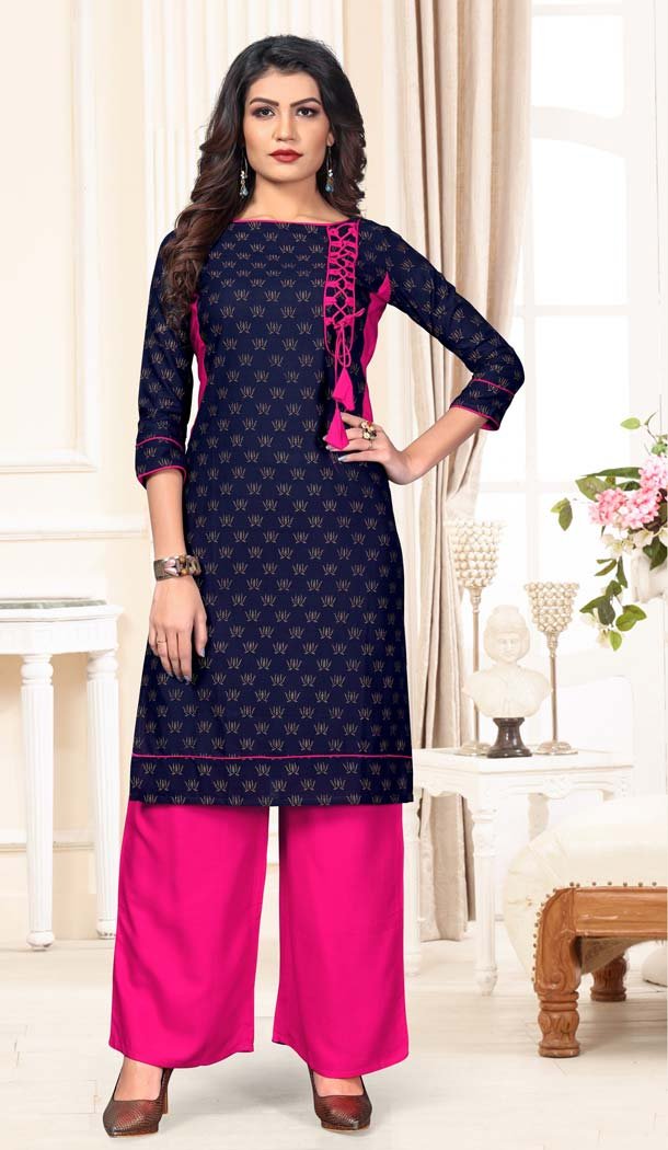 Blue Color Cotton Casual Wear Designer Kurti With Palazzo -647280817