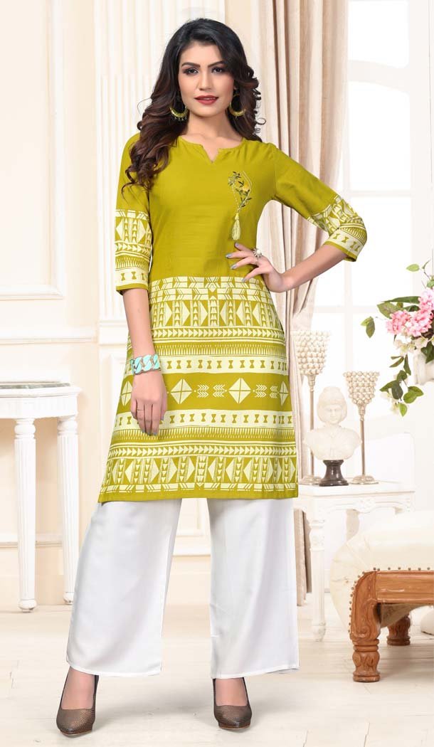 Mahendi Green Color Cotton Casual Wear Designer Kurti With Palazzo -647280827