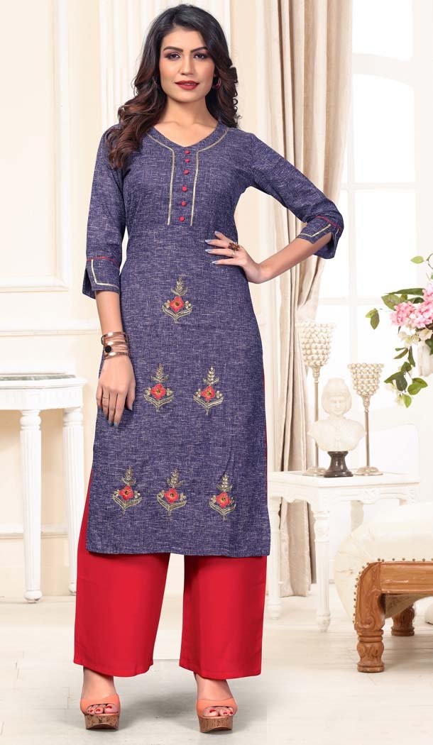 Blue Color Cotton Casual Wear Designer Kurti With Palazzo -647280837