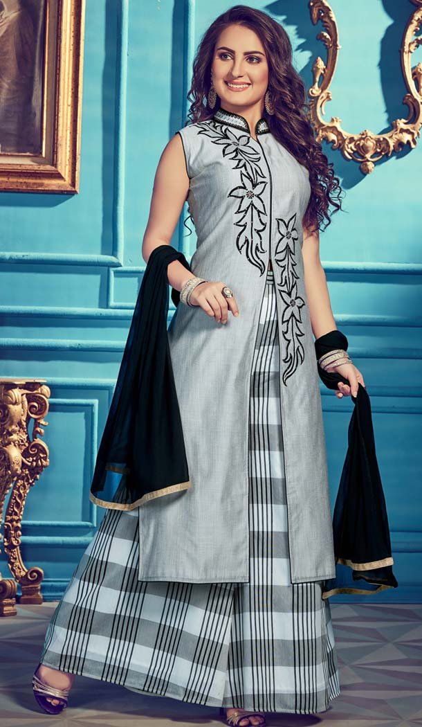 Grey Color Chanderi Silk Designer Readymade Salwar Kameez