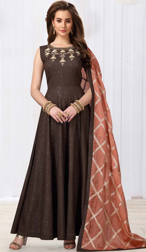 Brown Color Jacquard Silk Designer Readymade Salwar Kameez -649281147