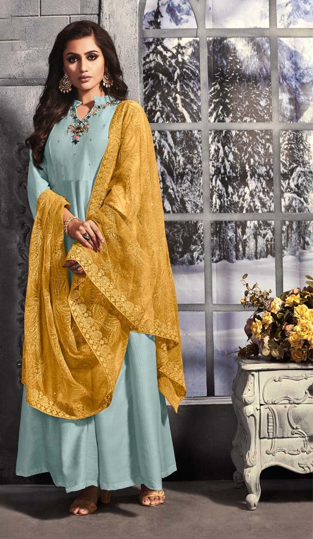 Aqua Blue Color Muslin Readymade Party Wear Gown Suit -652481578