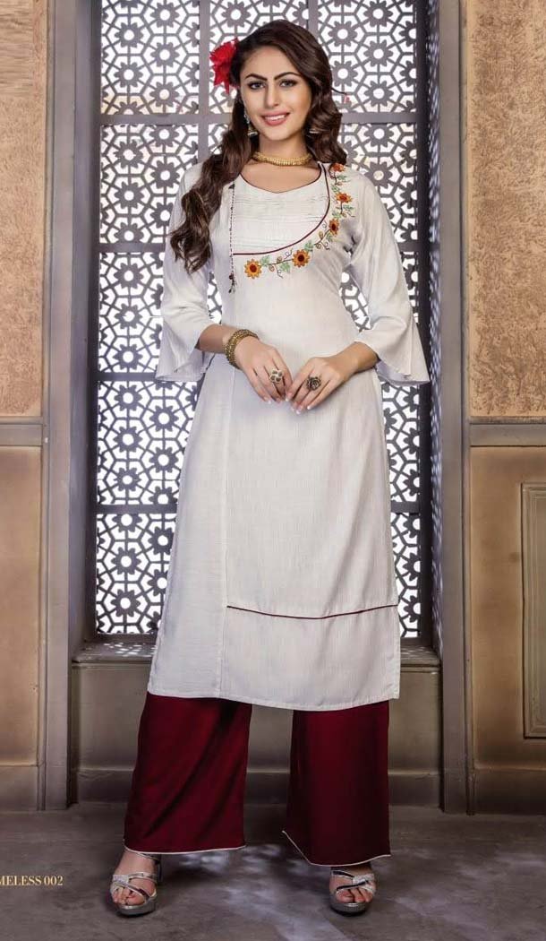 Classy White Color Rayon Party Wear Readymade Kurti With Palazzo -470165904