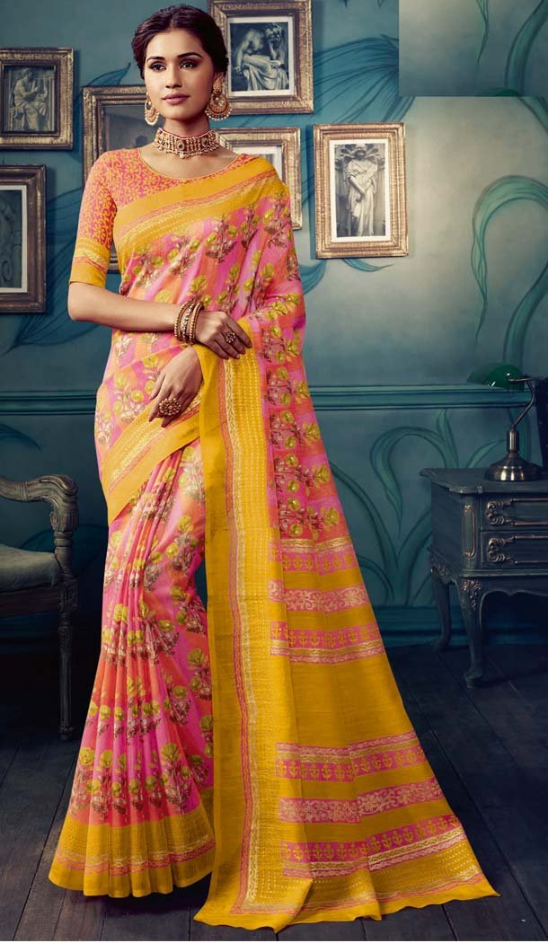 Contemporary Pink Color Cotton Silk Casual Wear Printed Silk Saree