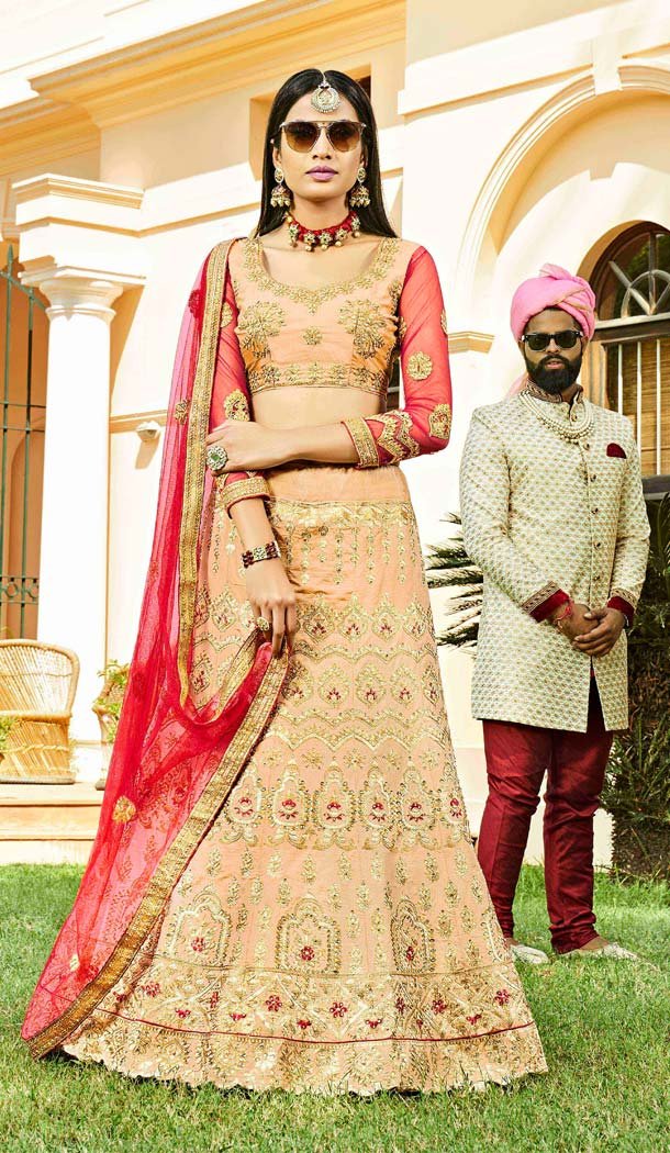 Peach Color Silk Traditional Party Wear Plus Size Lehenega Choli -657882243