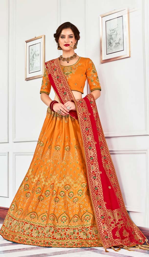 Peach Color Silk Jacquard Designer Plus Size Lehenga Choli -658382305