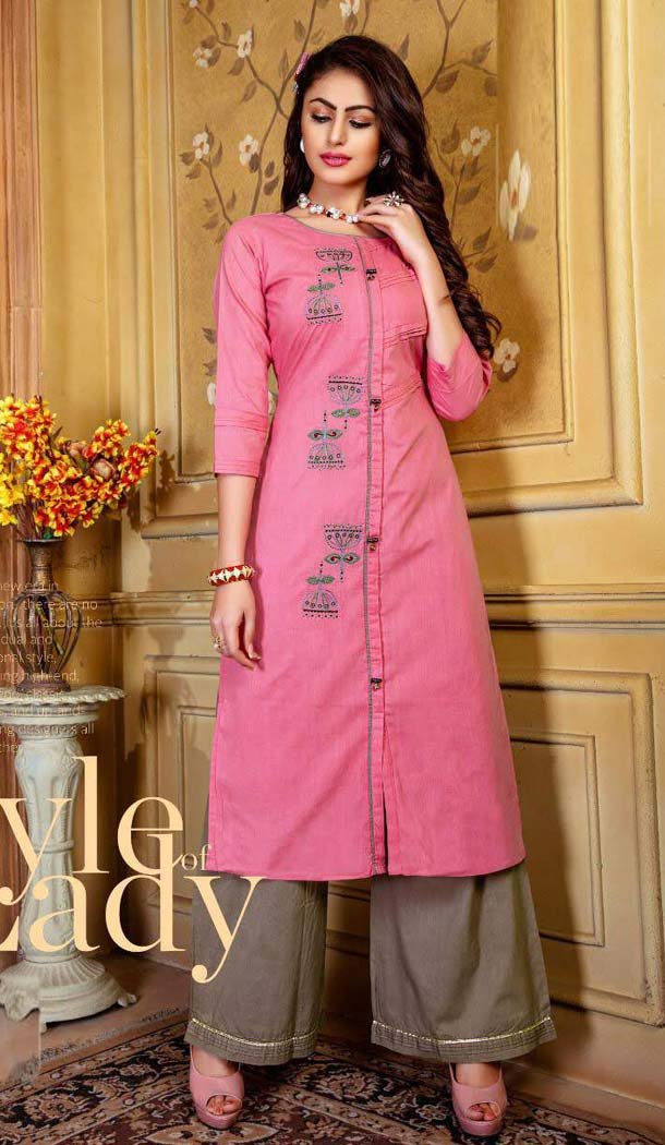Light Pink Color Rayon Party Readymade Long Kurtis With Palazzo -472866130