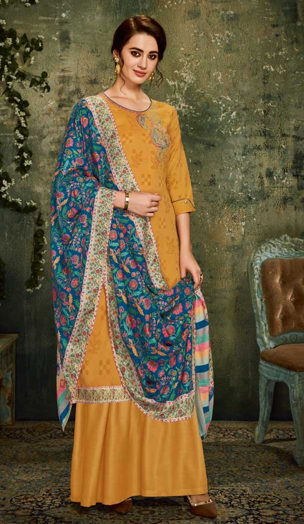 Alluring Yellow Color Wool Pashmina Office Wear Palazzo Suit -661482804