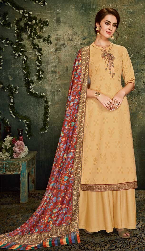 Flamboyant Cream Color Wool Pashmina Office Wear Palazzo Suit -661482810