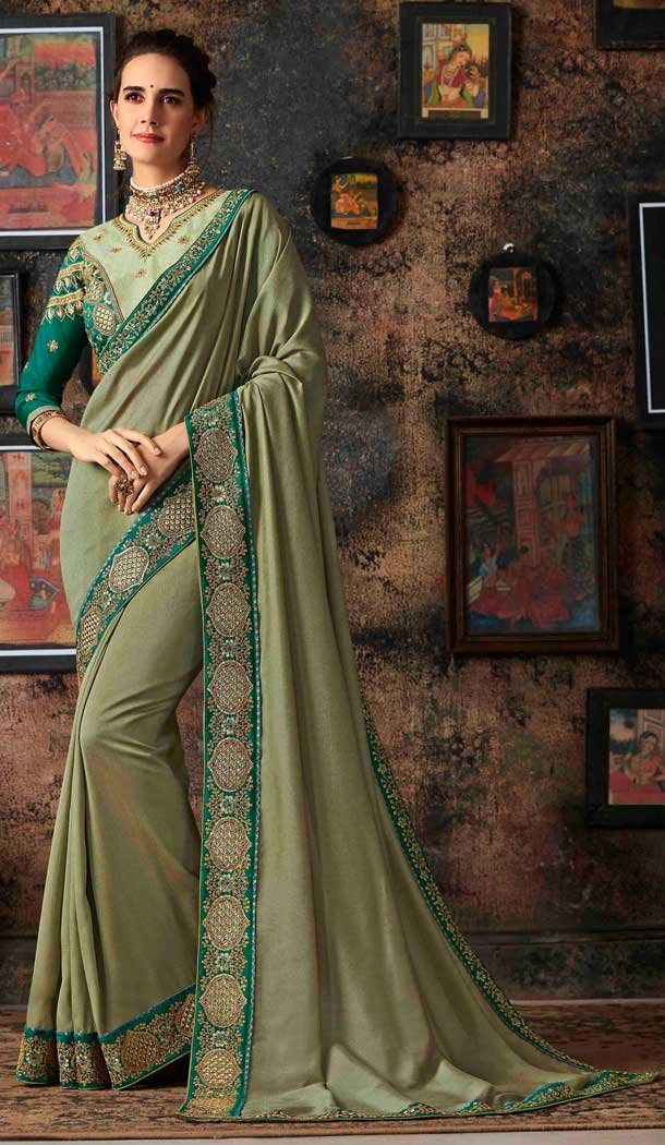 Ethnic Pista Color Vichitra Silk Traditional Wear Saree -658982381