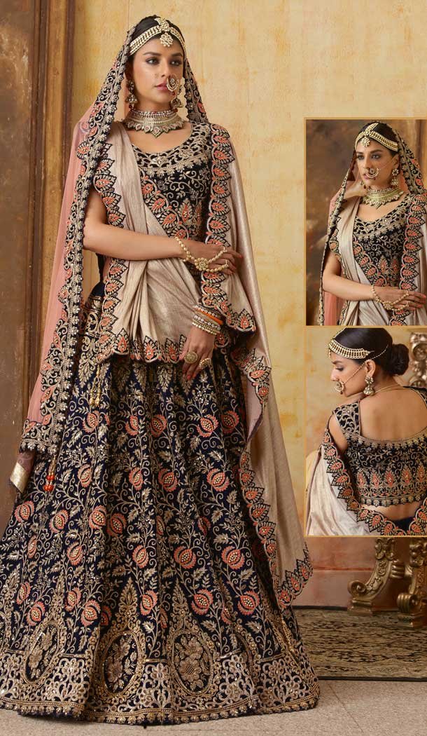 Chic Navy Blue Color Velvet Designer Bridal Wedding Lehenga Choli -70521043