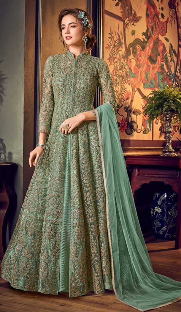 Unique Pastel Green Color Net Designer Pakitani Style Lehenga Suit