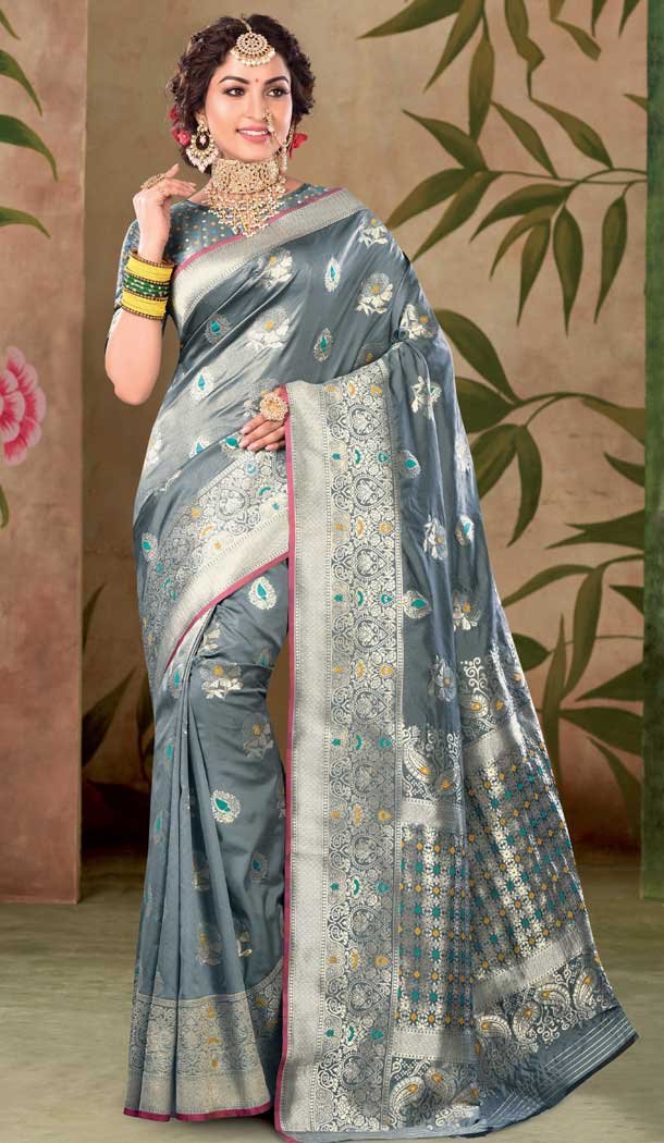 Festive Season Traditional Wear Grey Color Art Silk Saree Blouse Festive Season Traditional Wear Grey Color Art Silk Saree Blouse