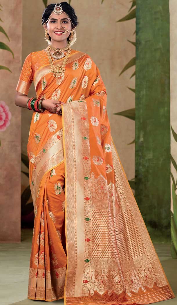 Festive Season Traditional Wear Orange Color Art Silk Saree Blouse Festive Season Traditional Wear Orange Color Art Silk Saree Blouse