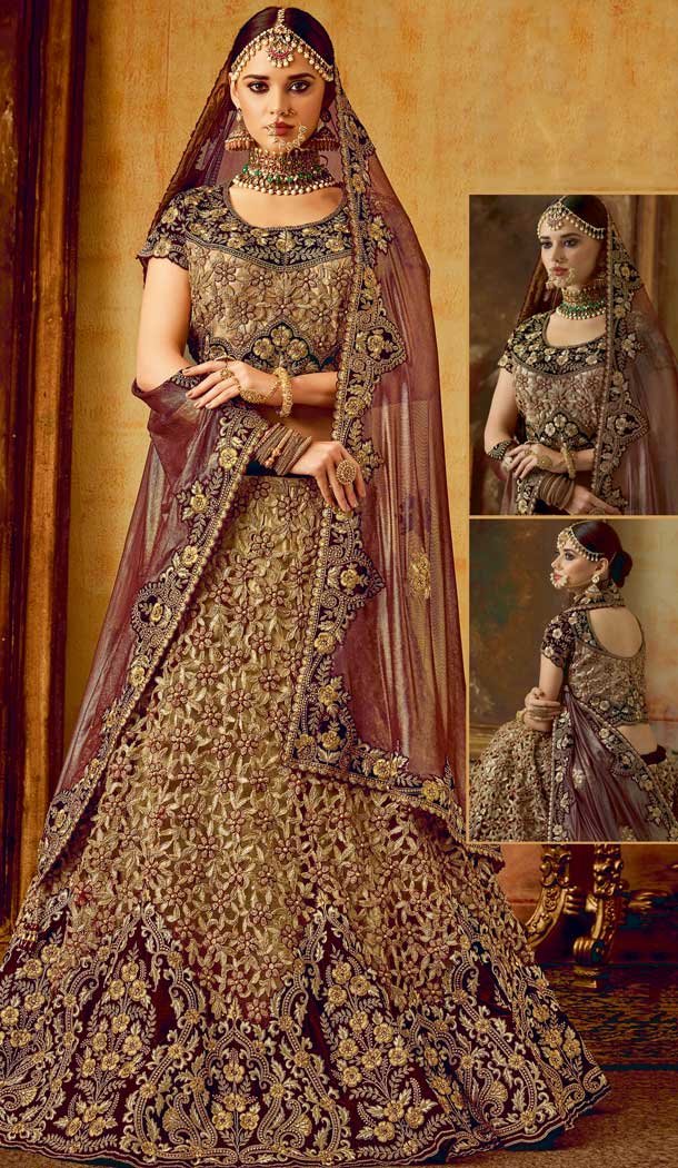 Maroon Dark Beige Color Velvet Bridal Wedding Lehenga Choli Maroon Dark Beige Color Velvet Bridal Wedding Lehenga Choli