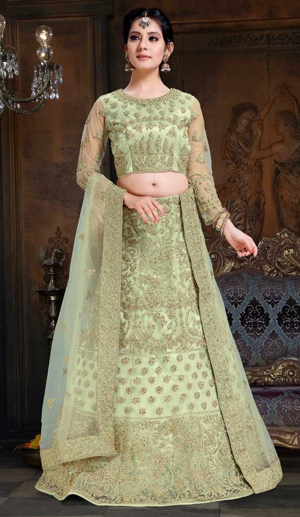 Pastel Green Color Net Satin Designer Traditional Wear Lehenga Choli Pastel Green Color Net Satin Designer Traditional Wear Lehenga Choli