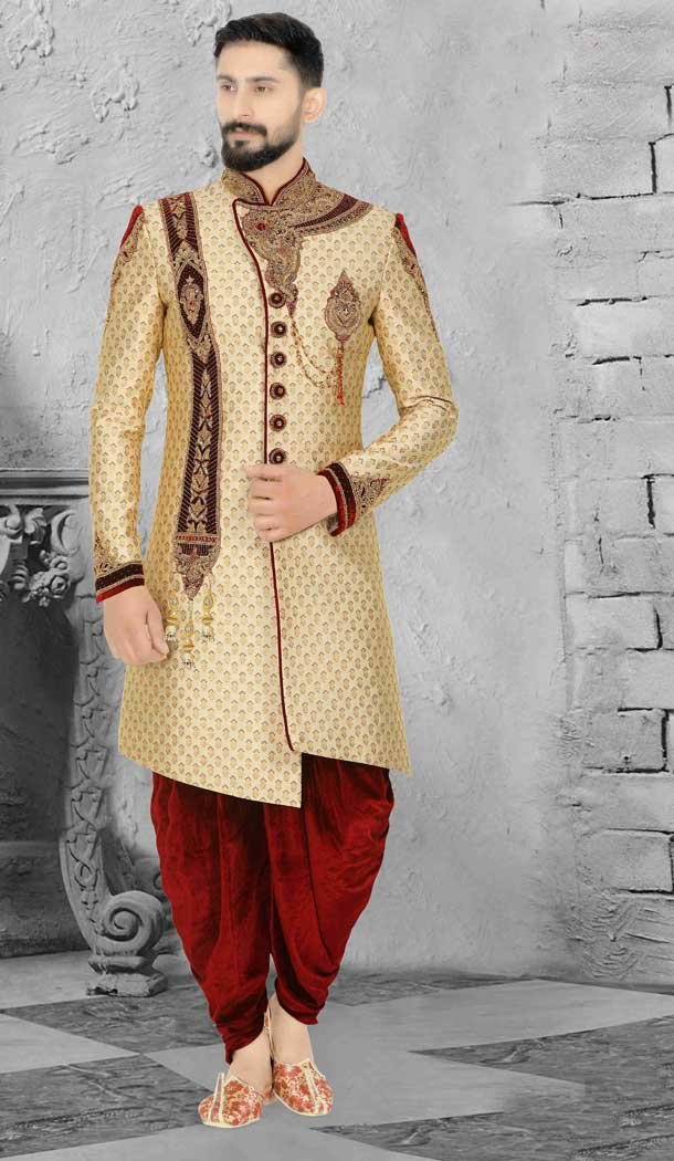 Gold Readymade Wedding Wear Indo Western Men Sherwani -671284365