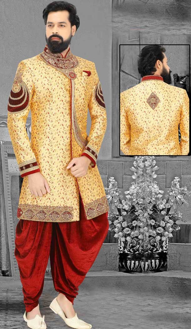 Orange Gold Readymade Wedding Wear Indo Western Men Sherwani -671284367