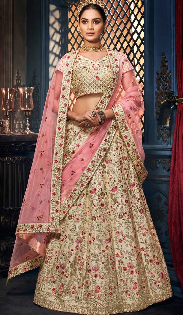 Beige Color Tussar Silk Designer Wedding Ladies Lehenga Choli -672184473
