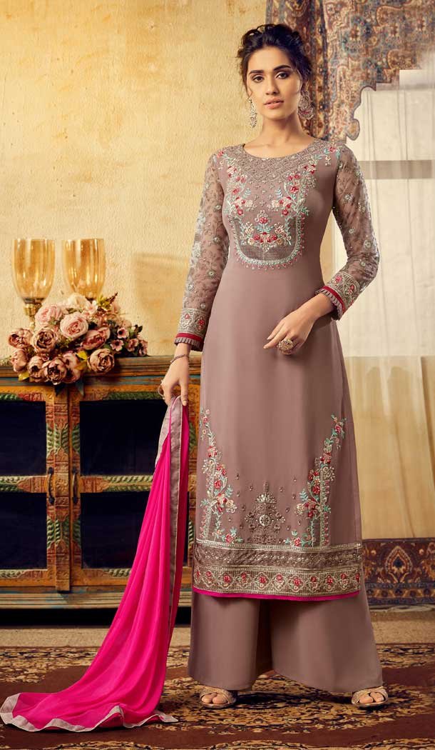 Charming Brown Color Viscos Georgette Party Wear Plazzo Suits -668284035